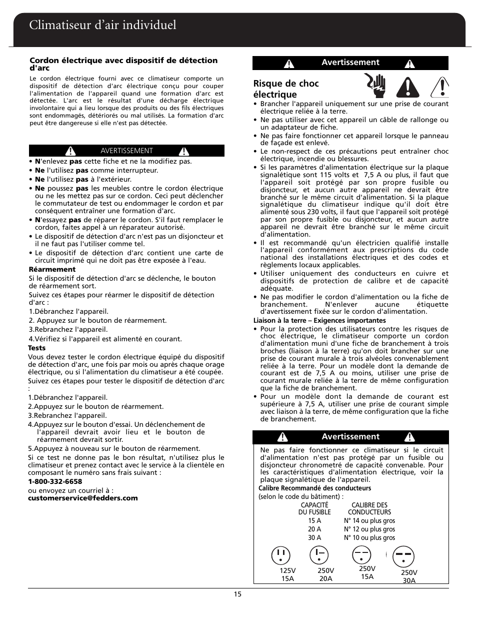 Climatiseur d’air individuel, Risque de choc électrique | Fedders A6X05F2G User Manual | Page 16 / 24