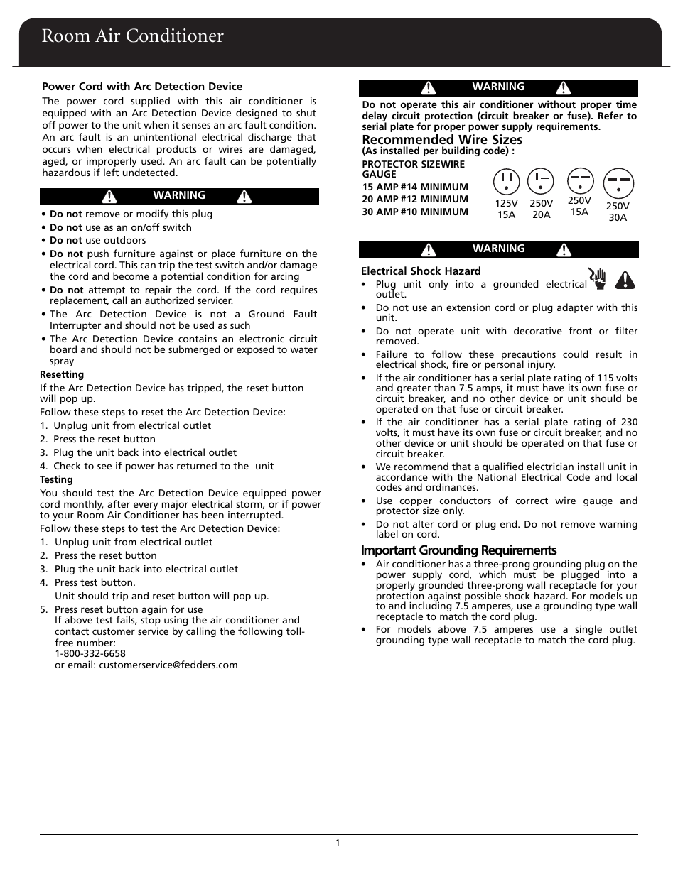 Room air conditioner, Important grounding requirements, Recommended wire sizes | Fedders A6X05F2G User Manual | Page 2 / 24