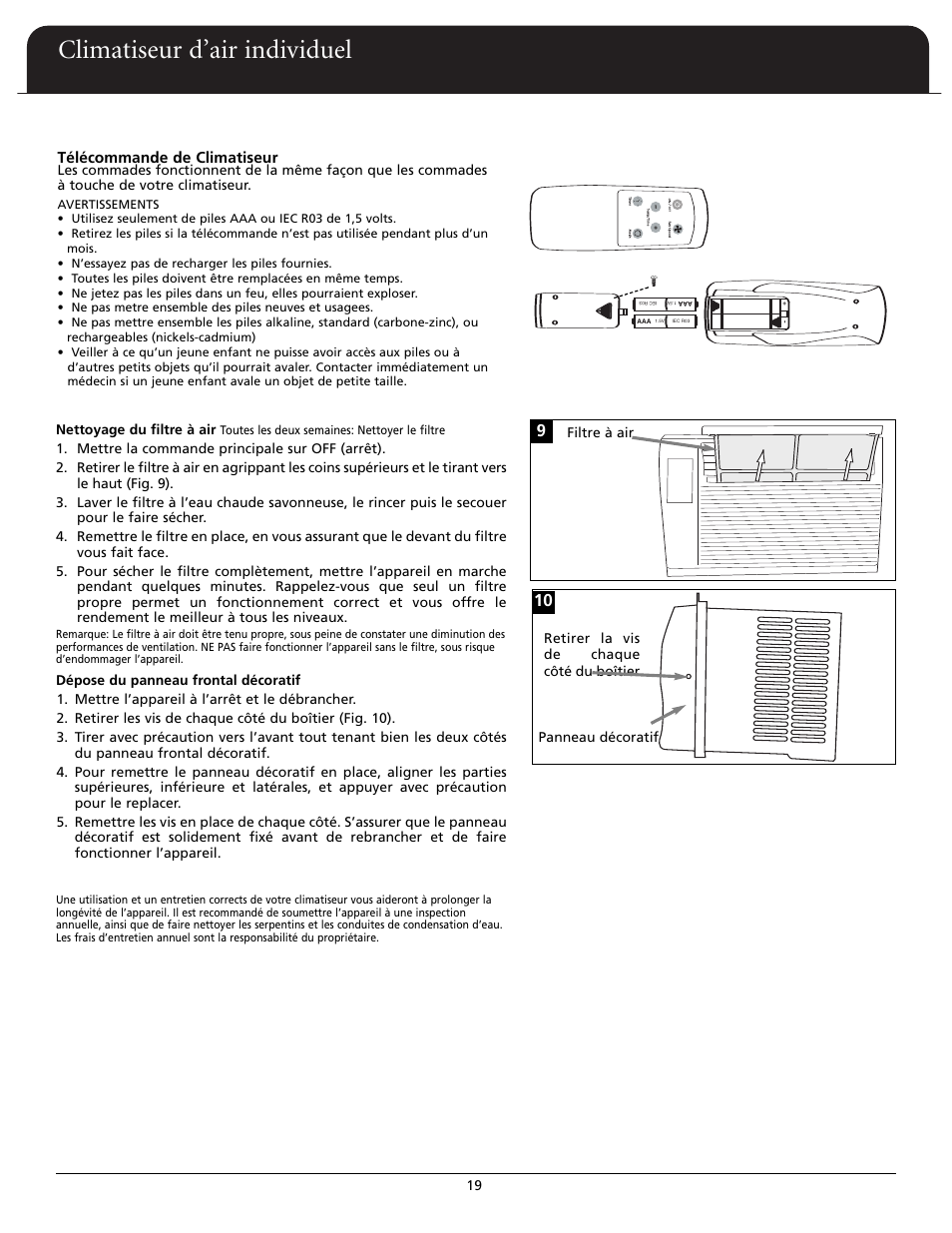 Climatiseur d’air individuel, Télécommande de climatiseur | Fedders A6X05F2G User Manual | Page 20 / 24