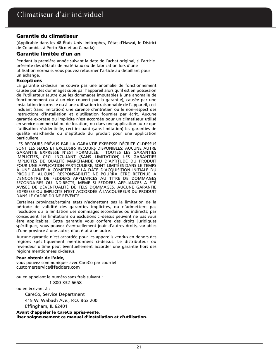 Climatiseur d’air individuel | Fedders A6X05F2G User Manual | Page 22 / 24