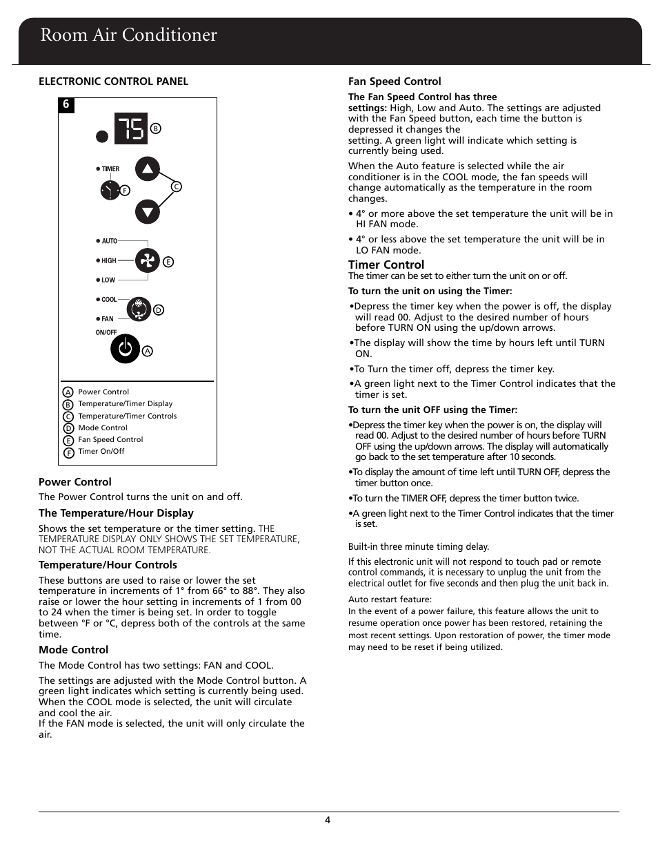 Room air conditioner, Timer control | Fedders A6X05F2G User Manual | Page 5 / 24