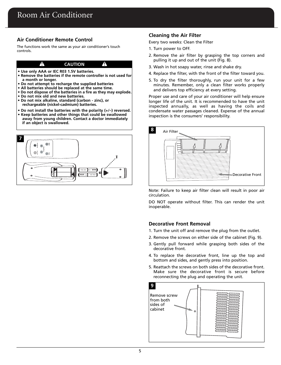 Room air conditioner, 910 decorative front removal, Air conditioner remote control | Cleaning the air filter | Fedders A6X05F2G User Manual | Page 6 / 24