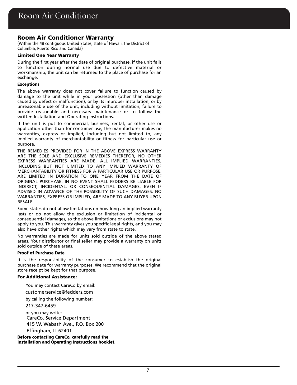 Room air conditioner | Fedders A6X05F2G User Manual | Page 8 / 24