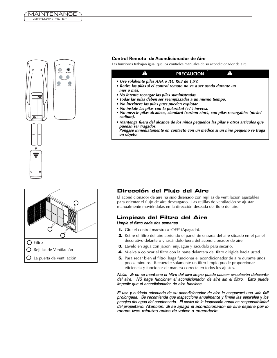 Limpieza del filtro del aire, Dirección del flujo del aire | Fedders AEY08F2B User Manual | Page 16 / 28