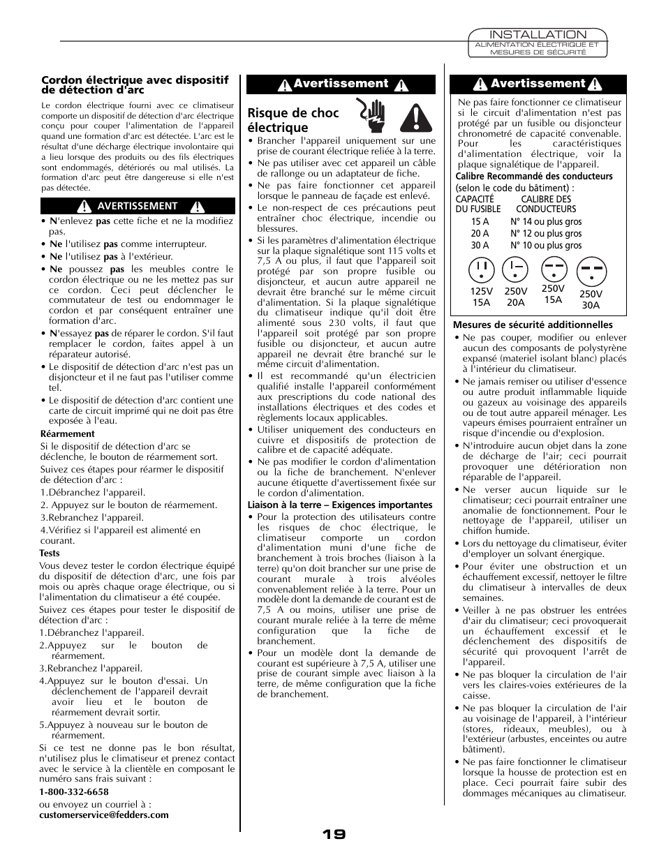 Risque de choc électrique | Fedders AEY08F2B User Manual | Page 19 / 28