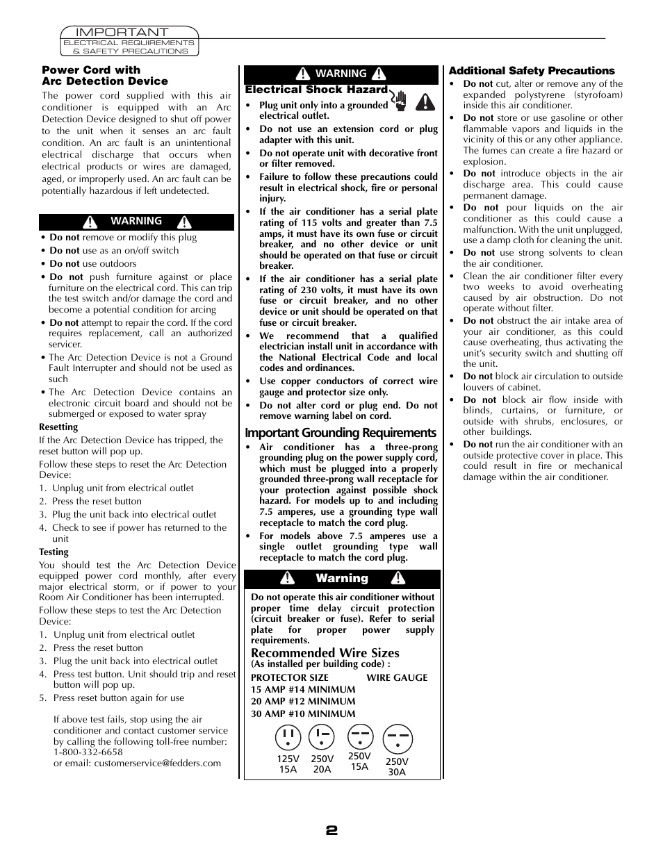 Important grounding requirements, Recommended wire sizes | Fedders AEY08F2B User Manual | Page 2 / 28