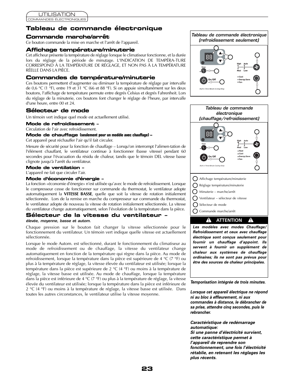 Tableau de commande électronique, Commande marche/arrêt, Affichage température/minuterie | Commandes de température/minuterie, Sélecteur de mode, Sélecteur de la vitesse du ventilateur, Utilisation, Attention | Fedders AEY08F2B User Manual | Page 23 / 28