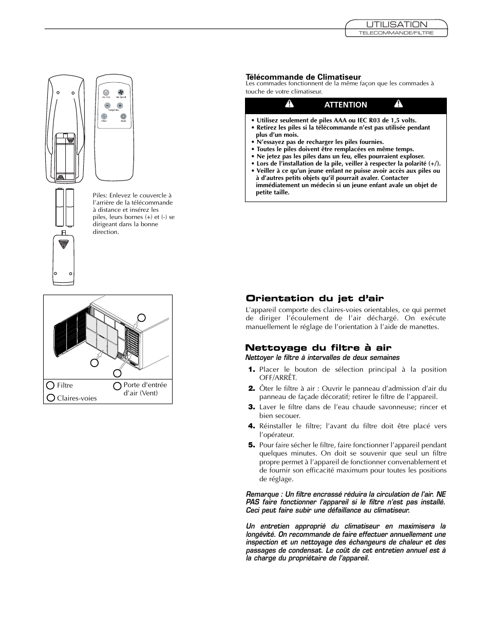 Nettoyage du filtre à air, Orientation du jet d’air | Fedders AEY08F2B User Manual | Page 25 / 28