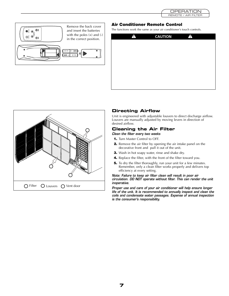 Directing airflow, Cleaning the air filter, Air conditioner remote control | Fedders AEY08F2B User Manual | Page 7 / 28