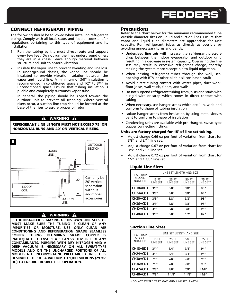 Connect refrigerant piping, Precautions | Fedders CH18ABD1 User Manual | Page 5 / 8