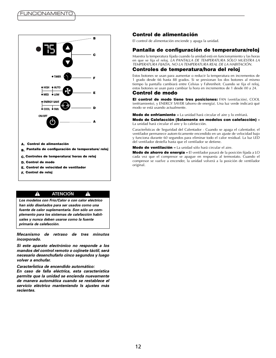 Control de alimentación, Pantalla de configuración de temperatura/reloj, Controles de temperatura/hora del reloj | Control de modo | Fedders A7Q08F2B User Manual | Page 12 / 24