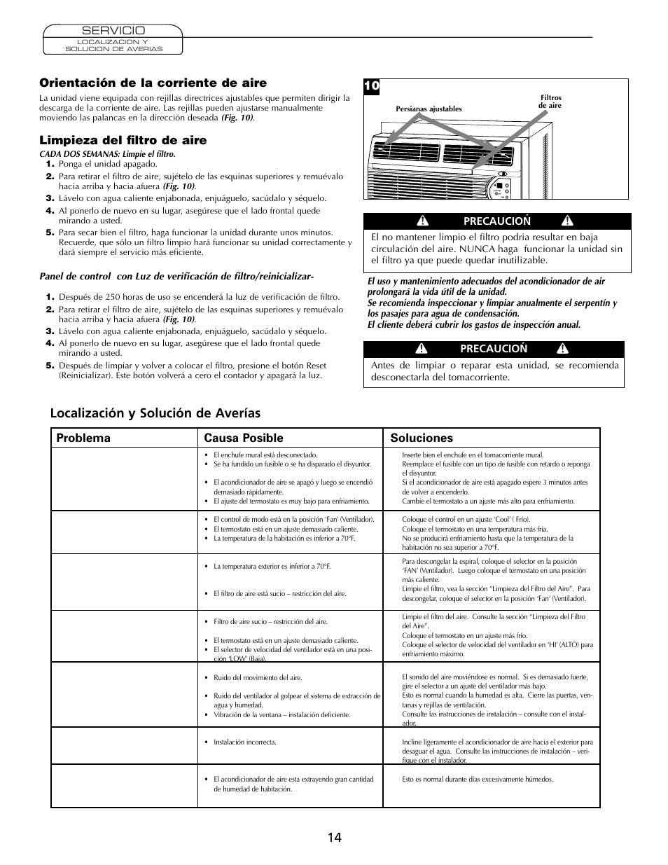 Localización y solución de averías, Orientación de la corriente de aire, Limpieza del filtro de aire | Problema, Causa posible, Soluciones, Servicio, Precaucion | Fedders A7Q08F2B User Manual | Page 14 / 24