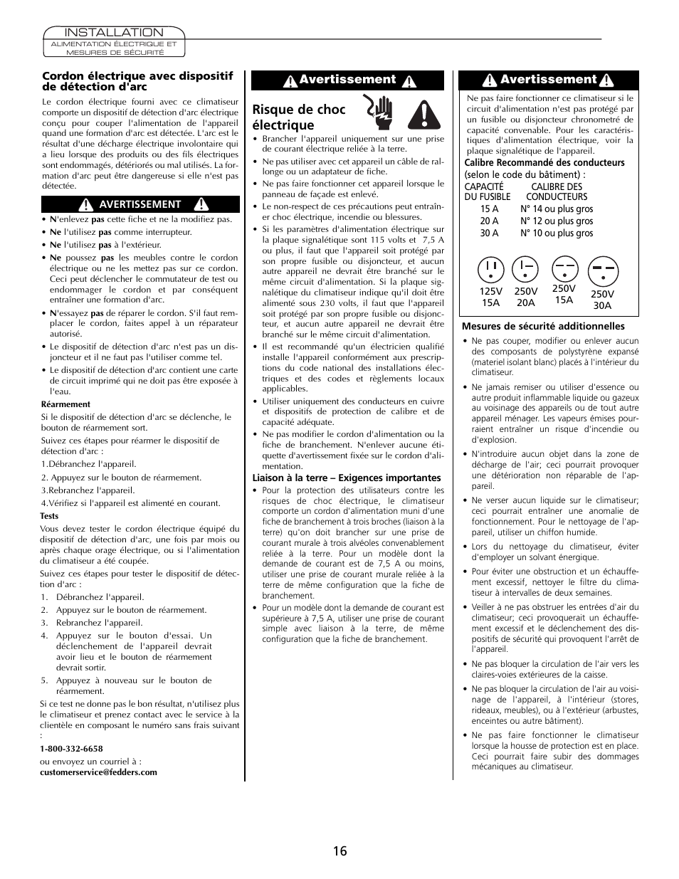 Risque de choc électrique, Avertissement | Fedders A7Q08F2B User Manual | Page 16 / 24