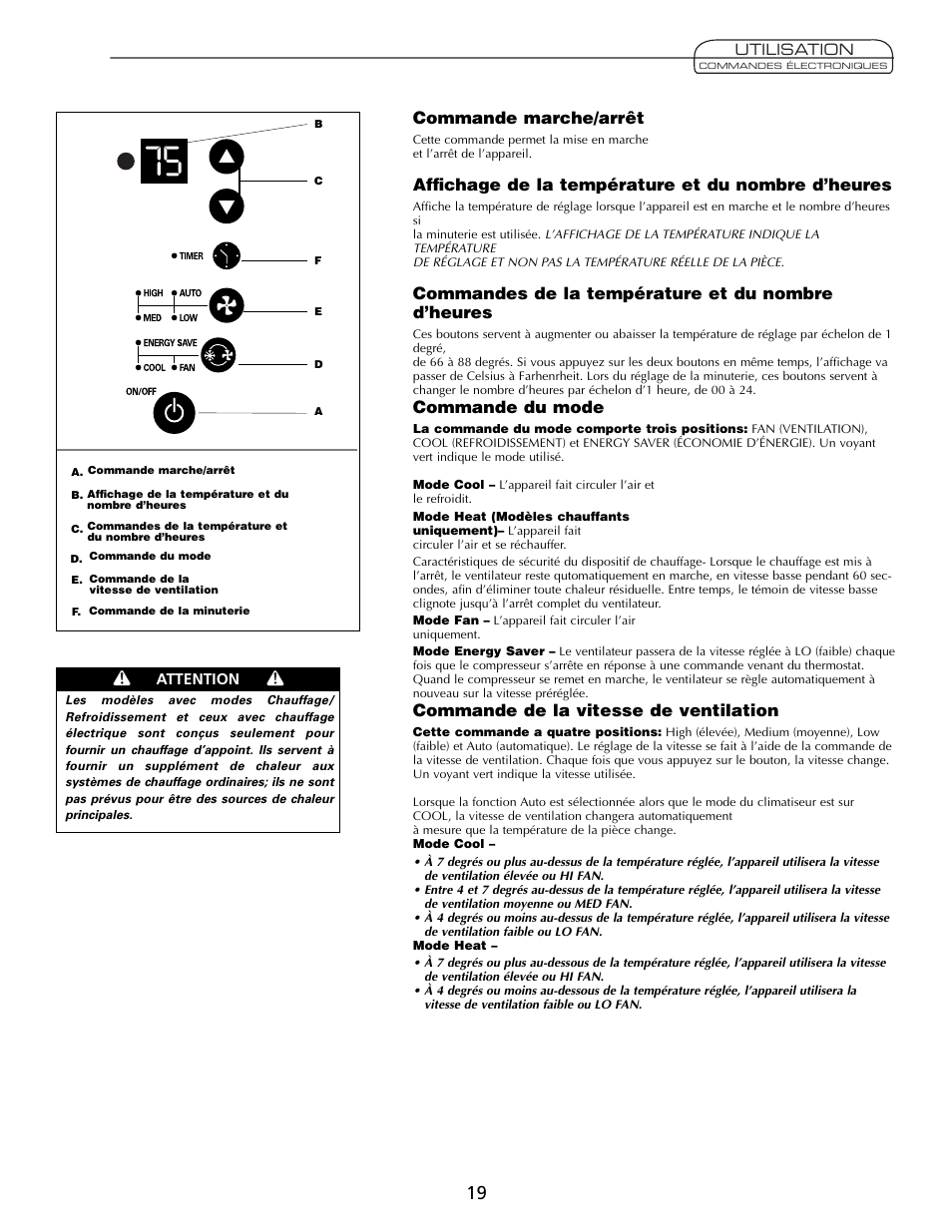 Commande marche/arrêt, Affichage de la température et du nombre d’heures, Commandes de la température et du nombre d’heures | Commande du mode, Commande de la vitesse de ventilation | Fedders A7Q08F2B User Manual | Page 19 / 24