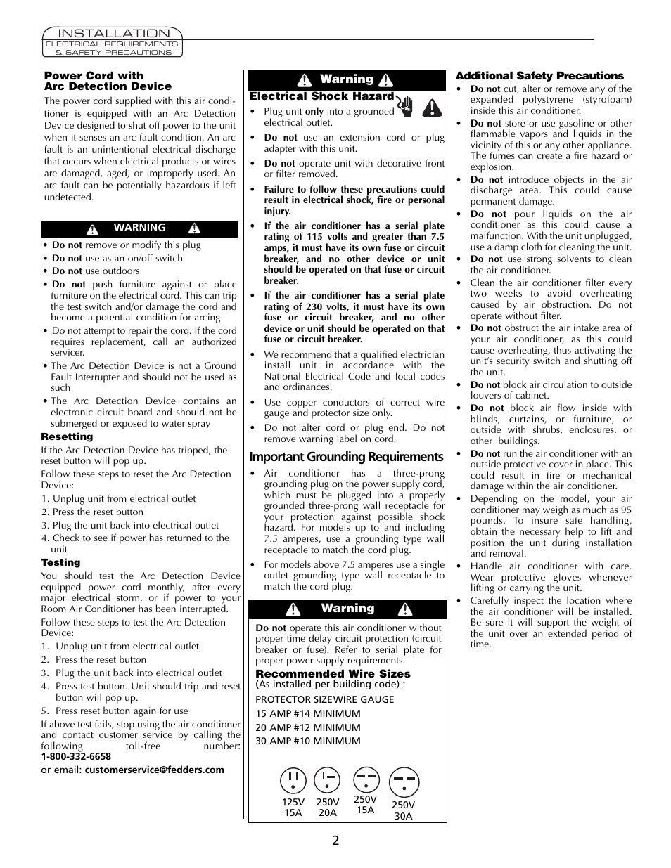 Important grounding requirements | Fedders A7Q08F2B User Manual | Page 2 / 24