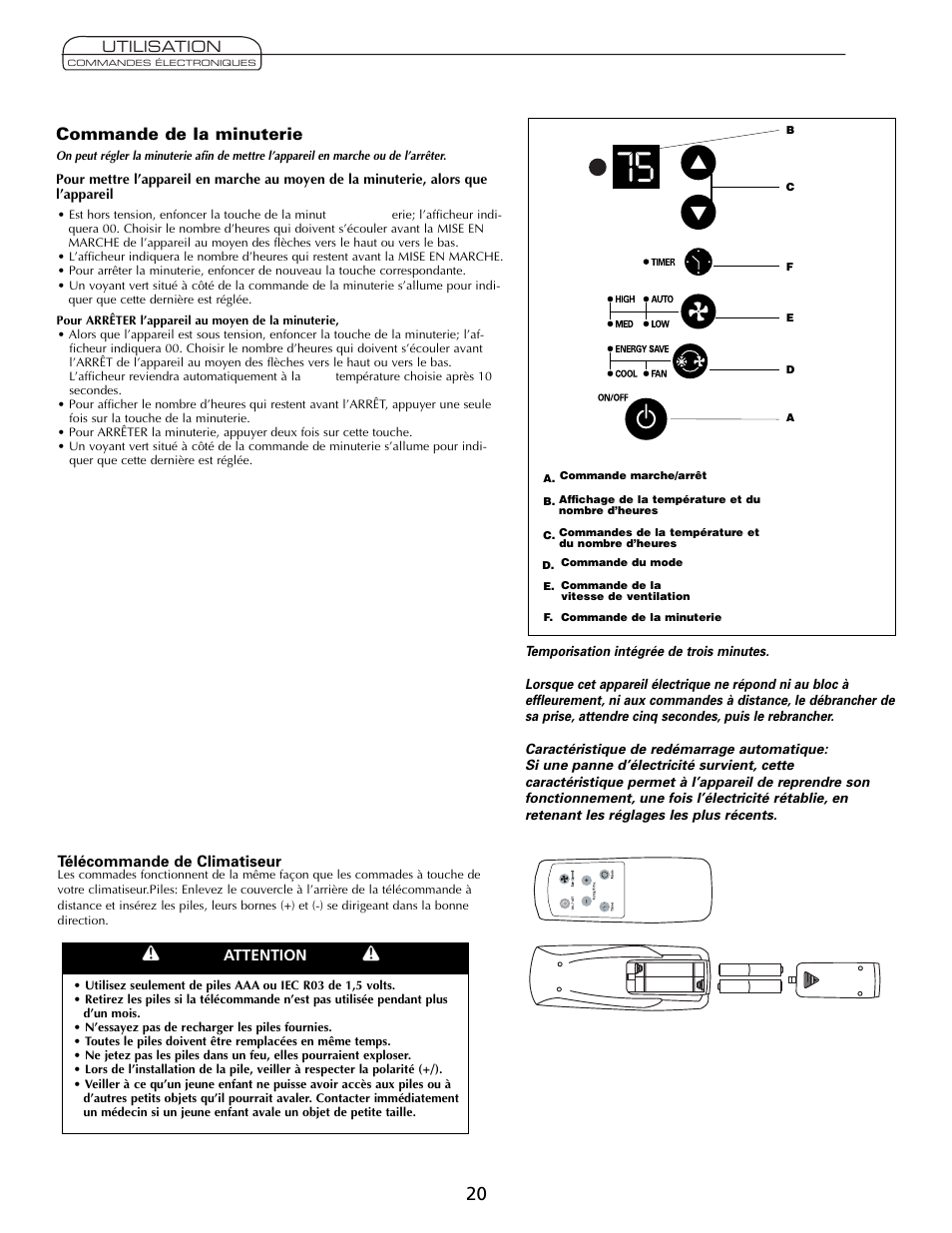 Commande de la minuterie, Télécommande de climatiseur, Utilisation | Attention | Fedders A7Q08F2B User Manual | Page 20 / 24