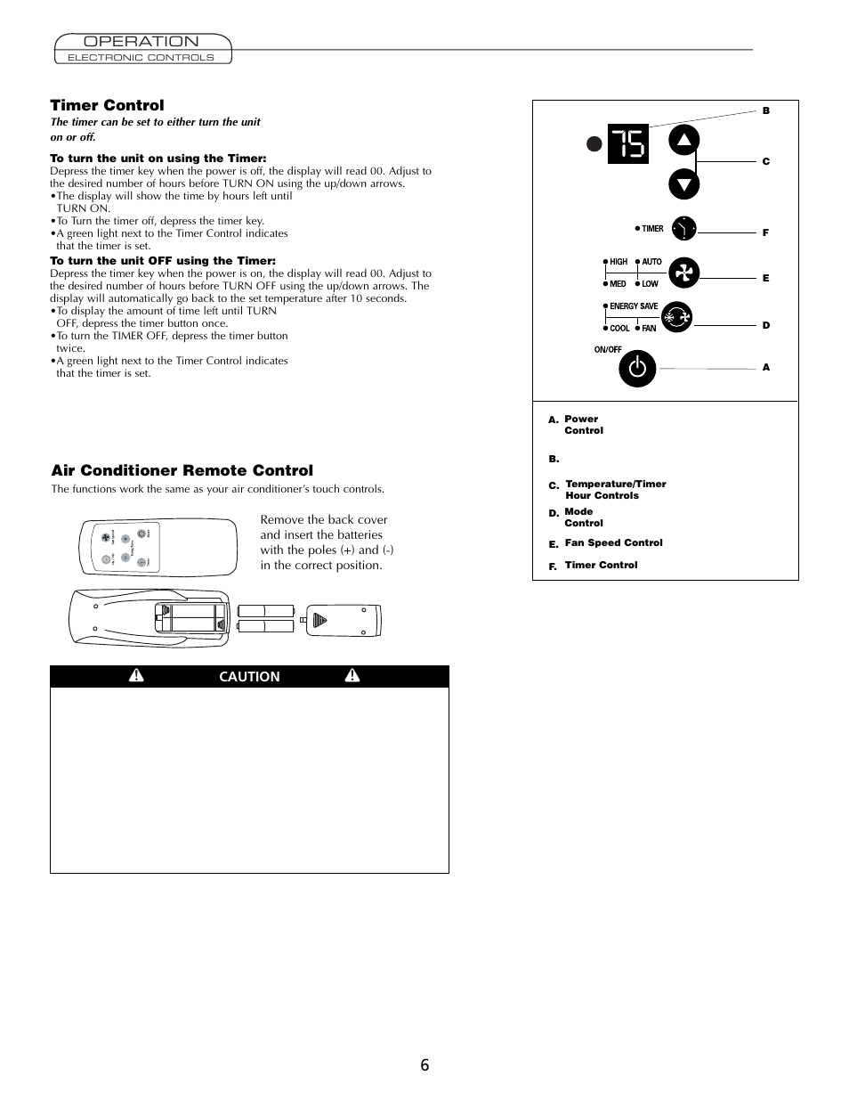 Air conditioner remote control, Timer control, Operation caution | Fedders A7Q08F2B User Manual | Page 6 / 24