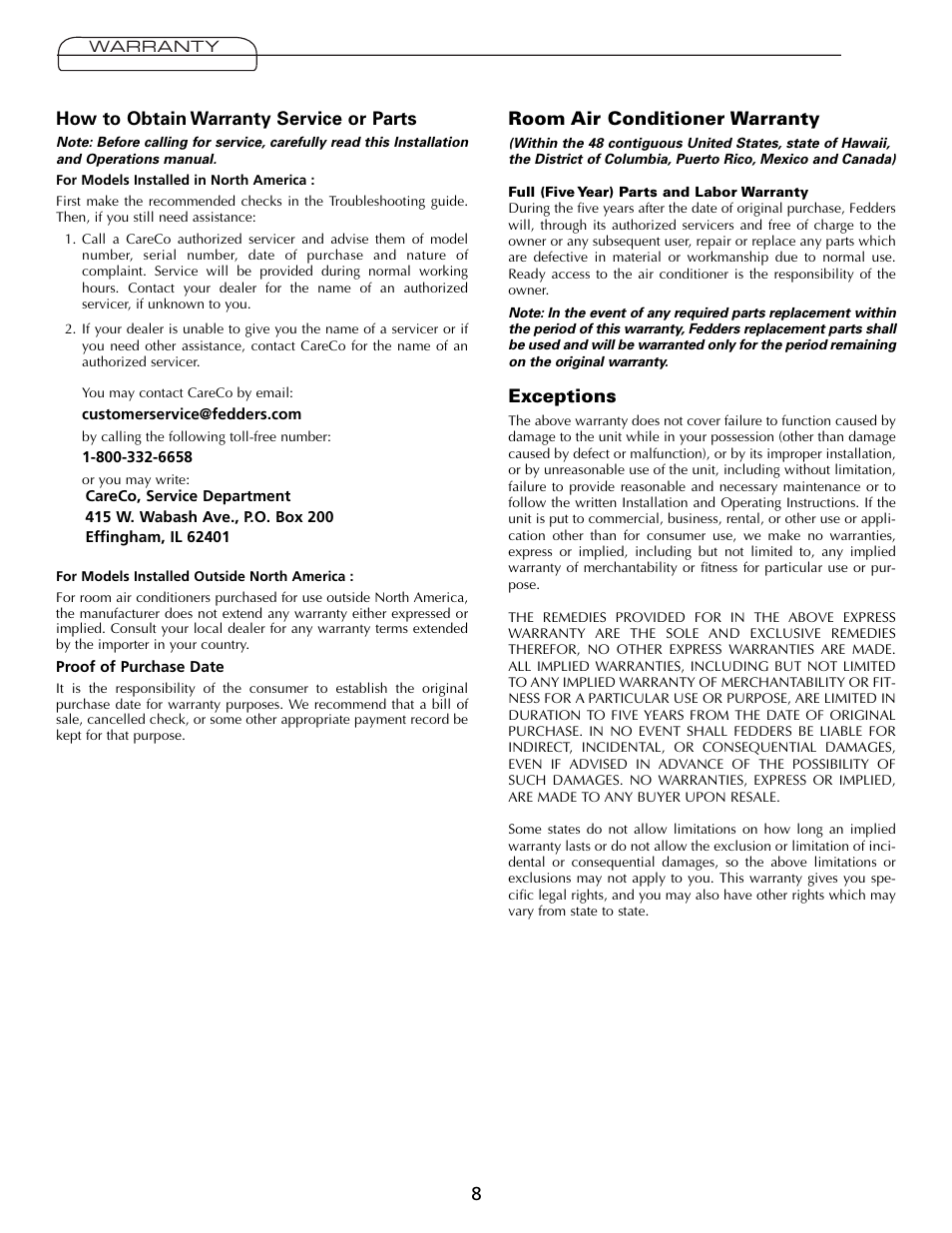 Fedders A7Q08F2B User Manual | Page 8 / 24