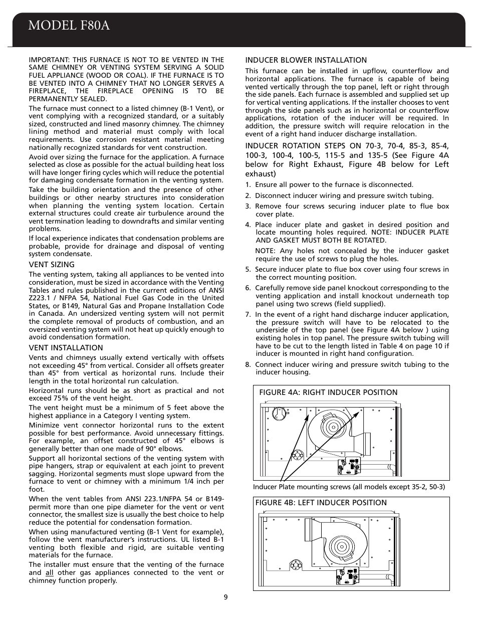 Model f80a, Vent sizing, Vent installation | Inducer blower installation | Fedders F80A User Manual | Page 10 / 32