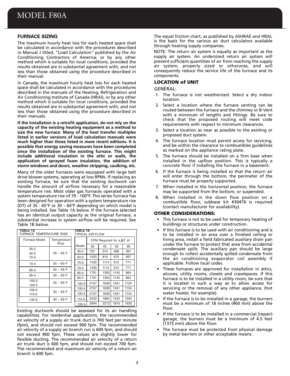 Model f80a, Furnace sizing, Location of unit general | Other considerations | Fedders F80A User Manual | Page 4 / 32