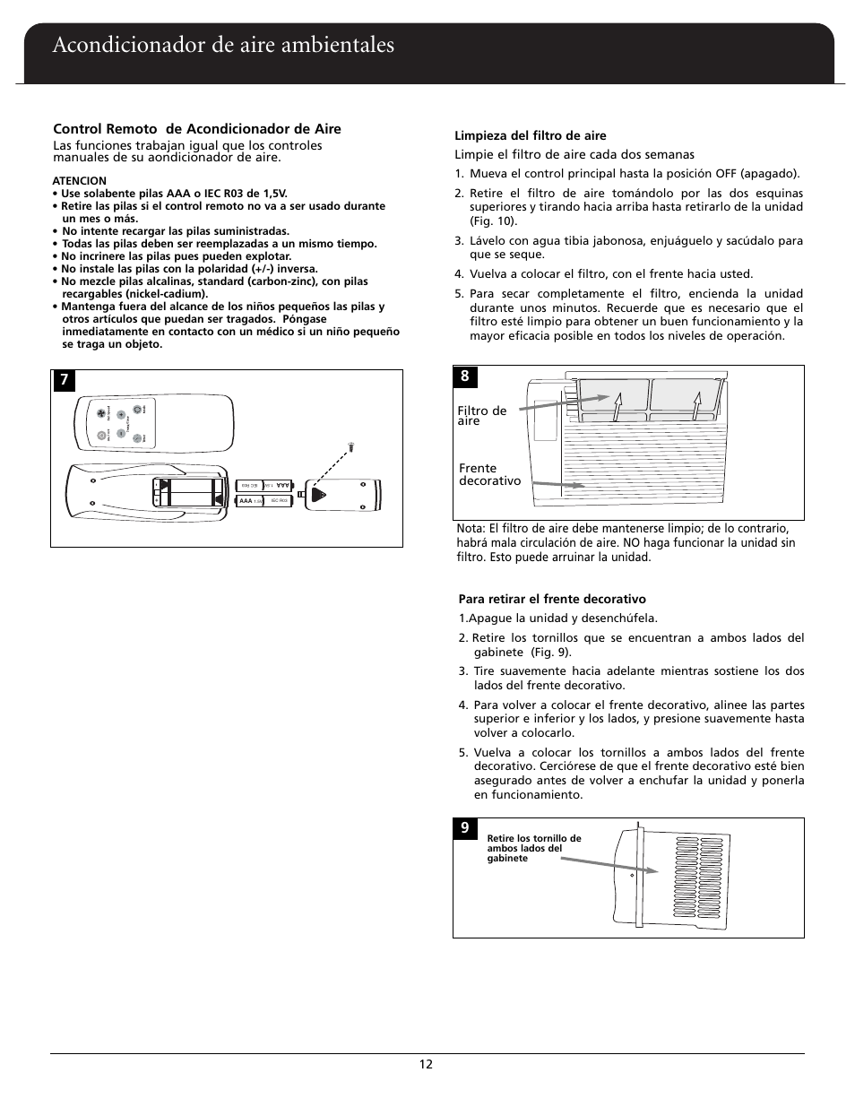 Acondicionador de aire ambientales, Control remoto de acondicionador de aire | Fedders A6X05F2D User Manual | Page 13 / 24