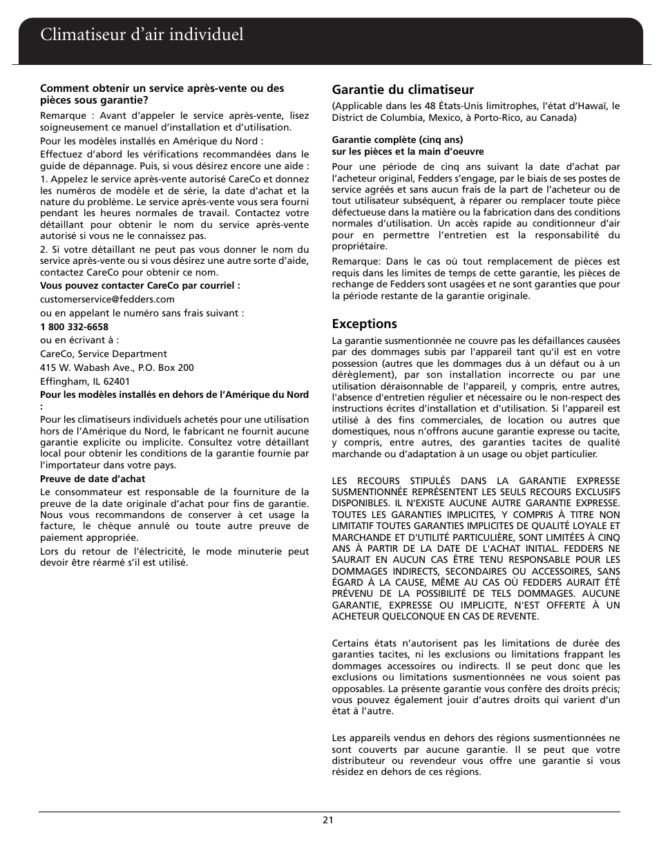 Climatiseur d’air individuel | Fedders A6X05F2D User Manual | Page 22 / 24