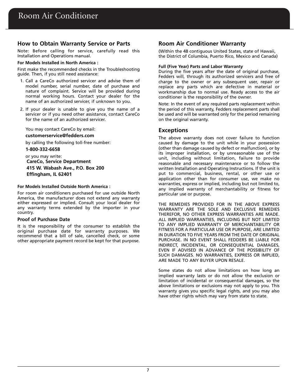 Room air conditioner | Fedders A6X05F2D User Manual | Page 8 / 24