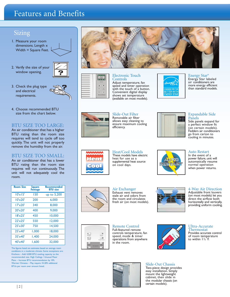 Features and benefits, Sizing, Btu size too large | Btu size too small, Slide-out filter, Slide-out chassis, Ultra-accurate thermostat, Expandable side panels, Air exchanger, Way air direction | Fedders Room Air Conditioners User Manual | Page 2 / 8