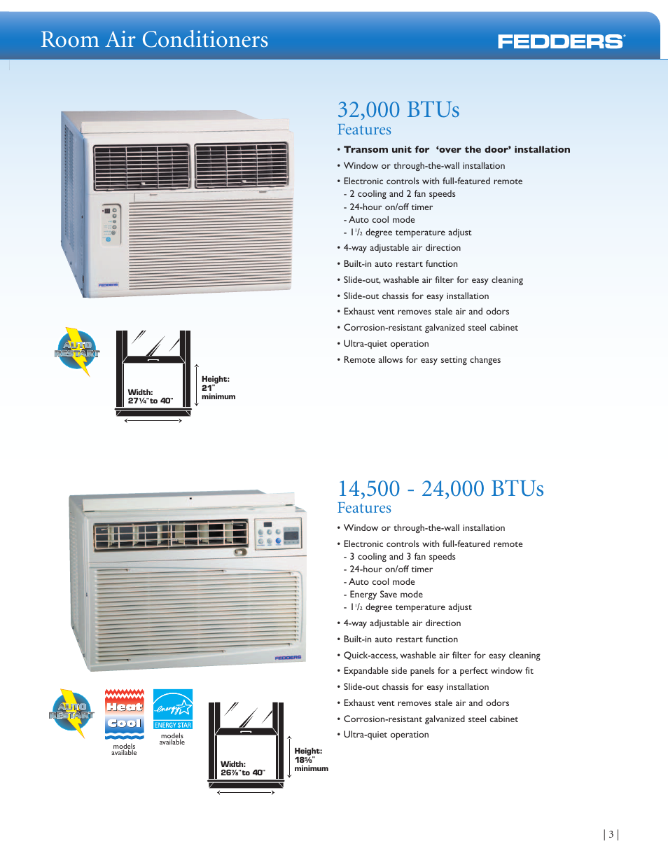 Room air conditioners, Features | Fedders Room Air Conditioners User Manual | Page 3 / 8