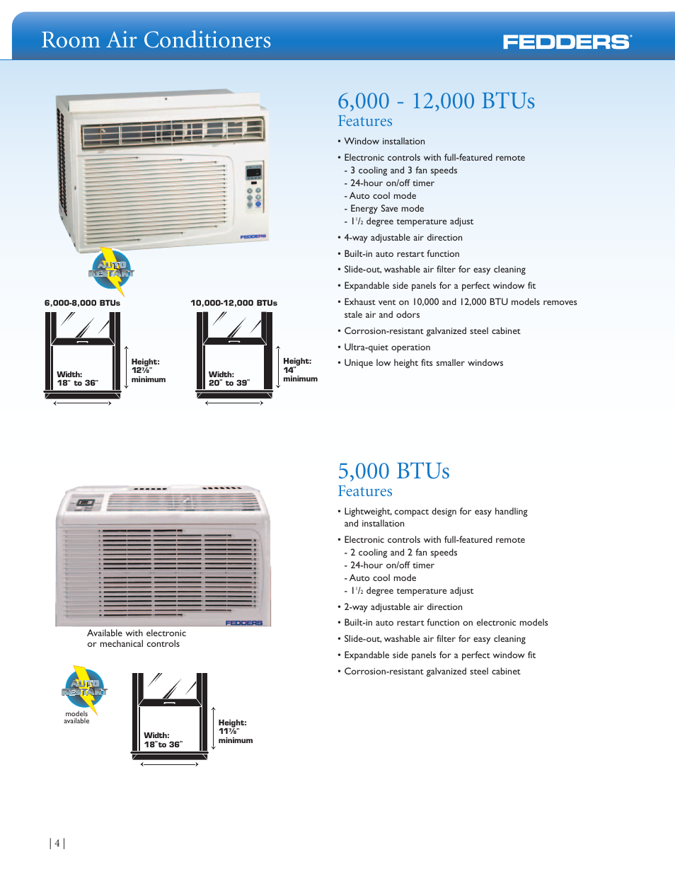 Room air conditioners, 5,000 btus, Features | Fedders Room Air Conditioners User Manual | Page 4 / 8