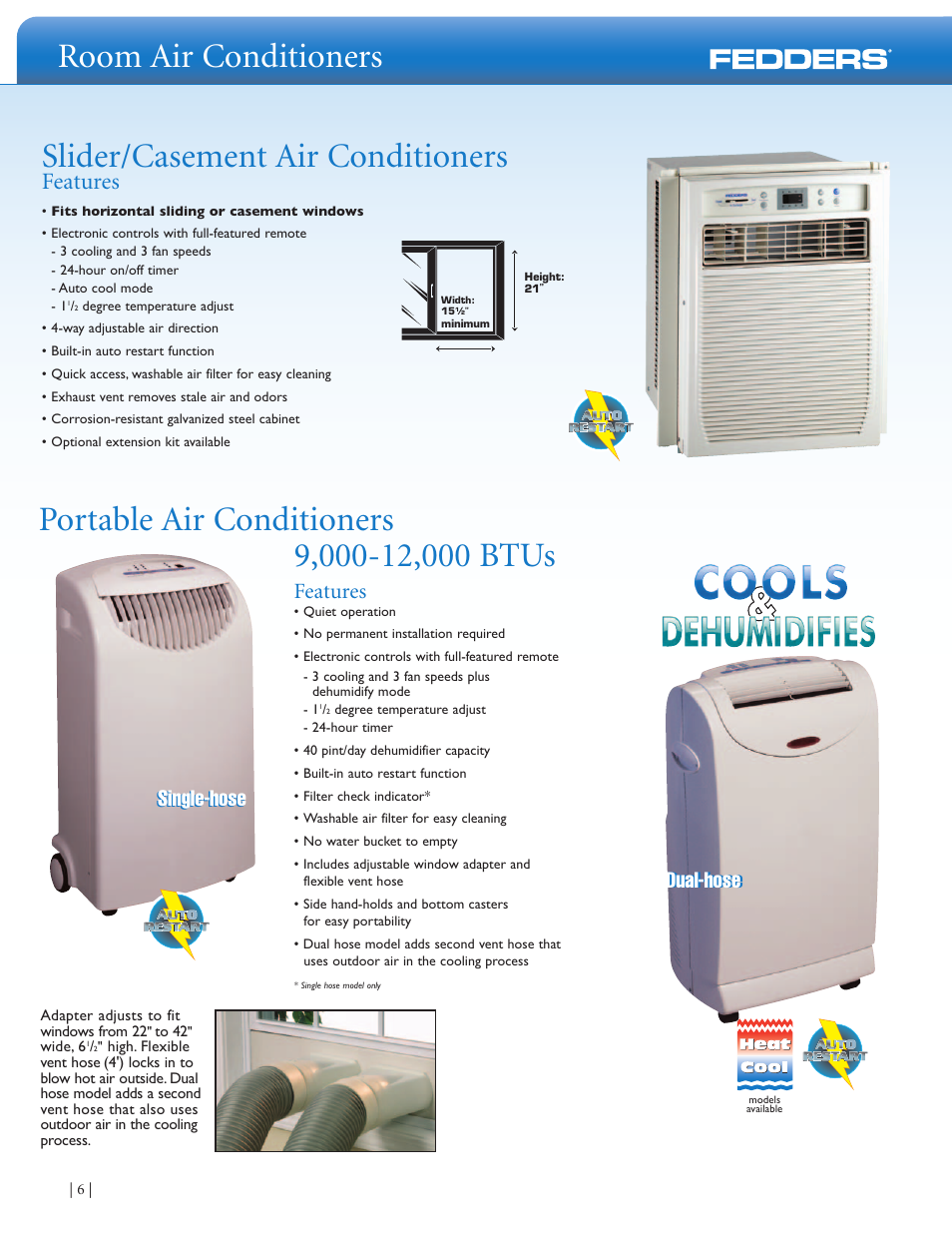 Room air conditioners, Slider/casement air conditioners, Portable air conditioners | Features, Single-hose dual-hose single-hose dual-hose | Fedders Room Air Conditioners User Manual | Page 6 / 8