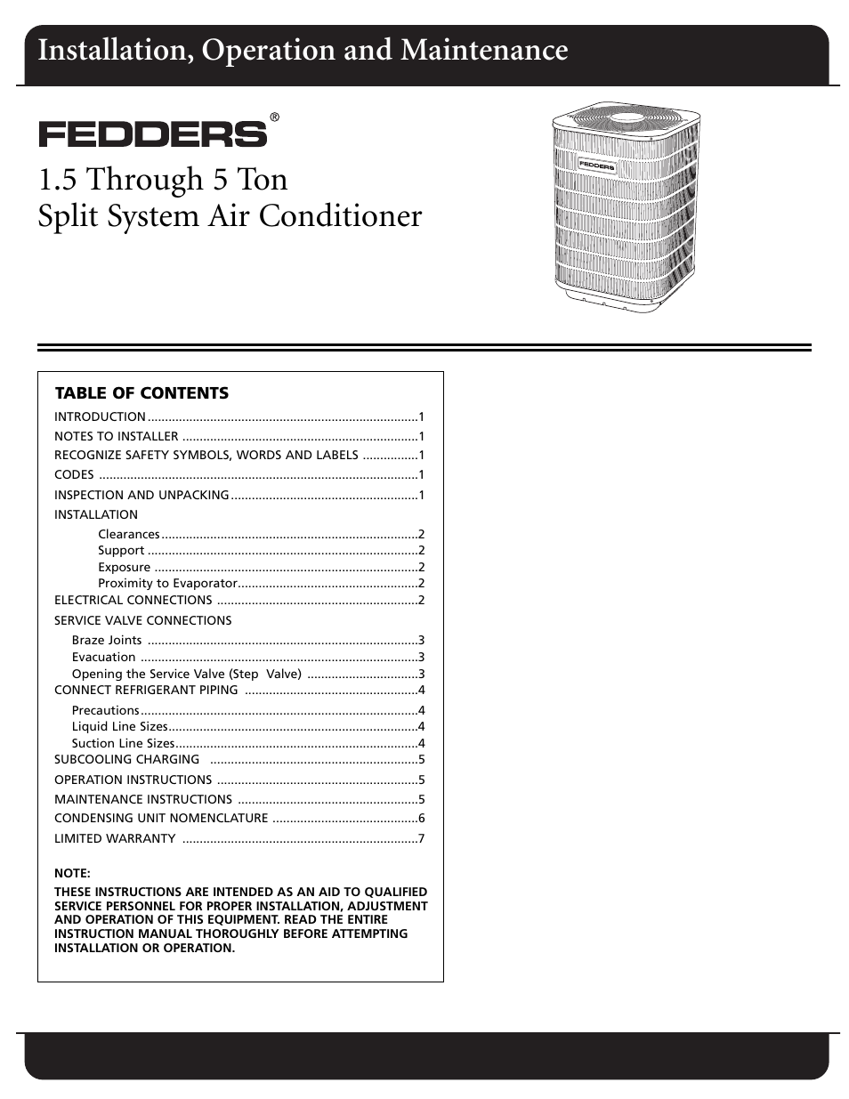 Fedders Split System Air Conditioner User Manual | 8 pages