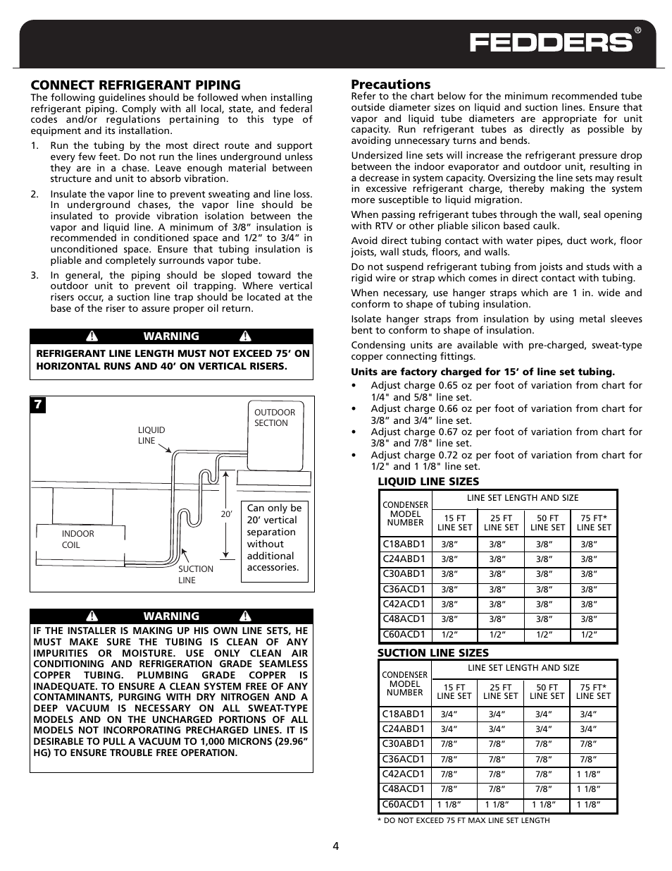 Connect refrigerant piping, Precautions | Fedders Split System Air Conditioner User Manual | Page 5 / 8