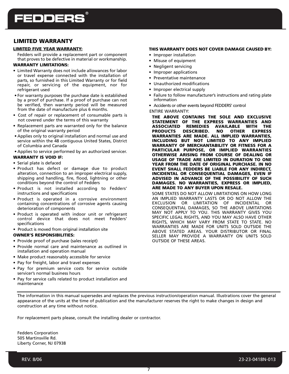 Model c10 | Fedders Split System Air Conditioner User Manual | Page 8 / 8