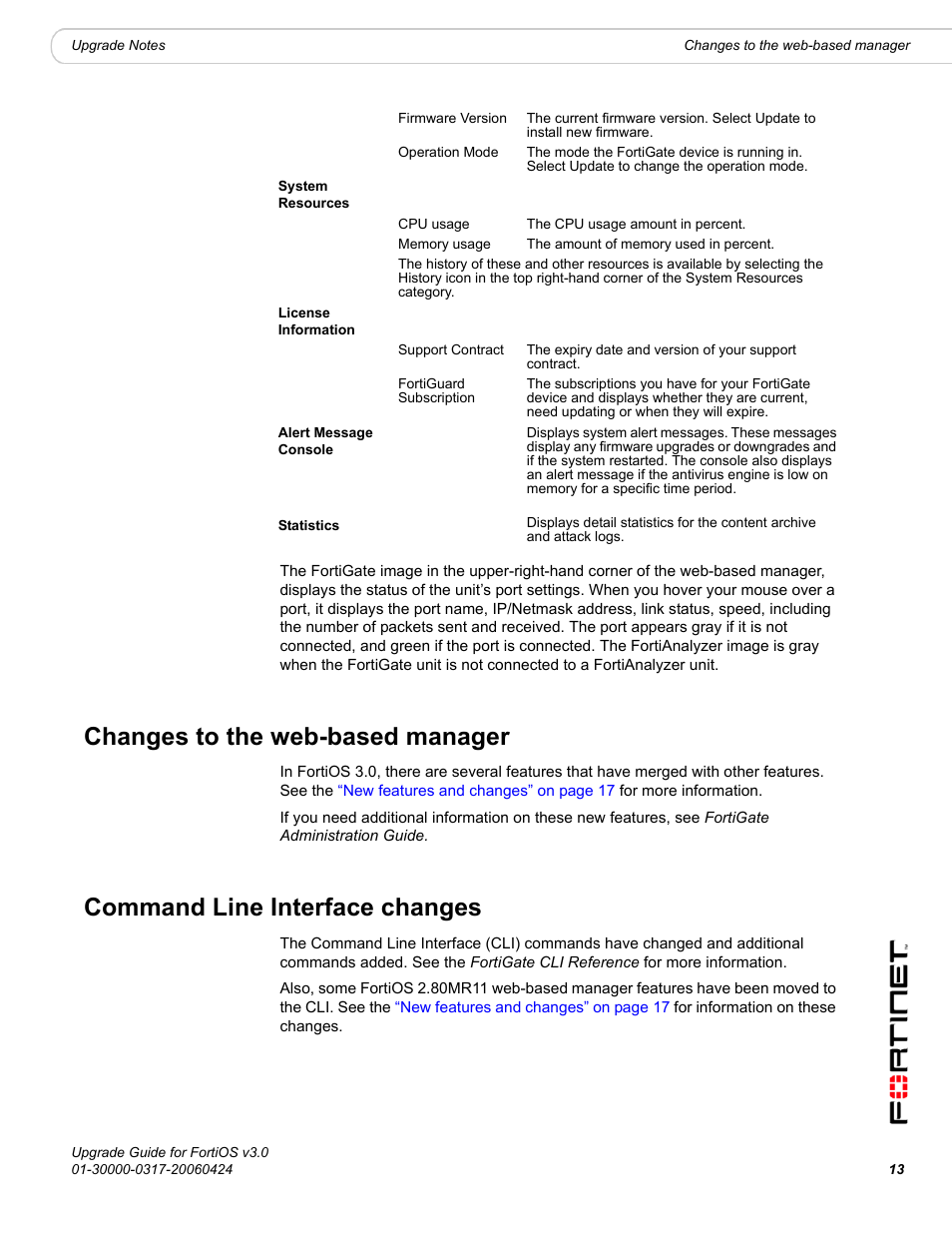 Changes to the web-based manager, Command line interface changes | Fortinet FortiOS 3.0 User Manual | Page 13 / 46