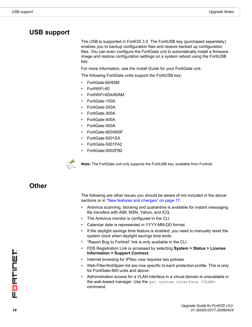 Usb support, Other | Fortinet FortiOS 3.0 User Manual | Page 14 / 46