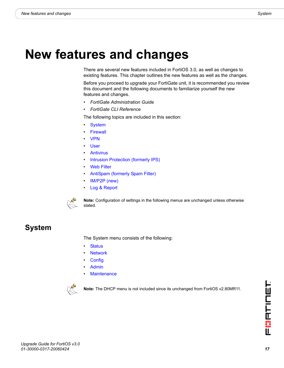 New features and changes, System | Fortinet FortiOS 3.0 User Manual | Page 17 / 46