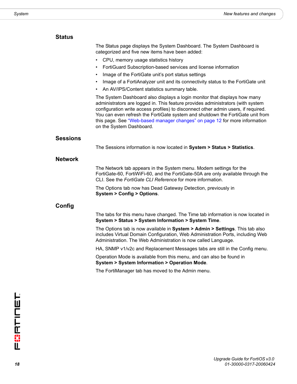 Status, Sessions, Network | Config, Status sessions network config | Fortinet FortiOS 3.0 User Manual | Page 18 / 46