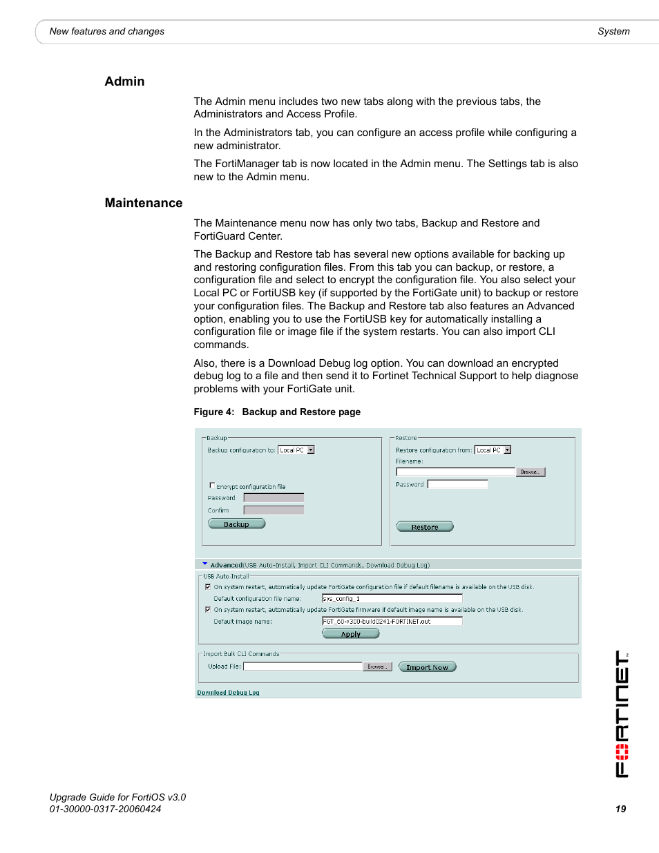 Admin, Maintenance, Admin maintenance | Fortinet FortiOS 3.0 User Manual | Page 19 / 46