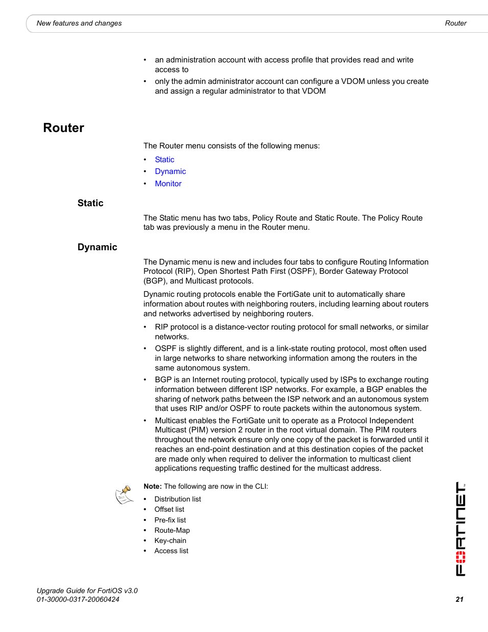 Router, Static, Dynamic | Static dynamic | Fortinet FortiOS 3.0 User Manual | Page 21 / 46