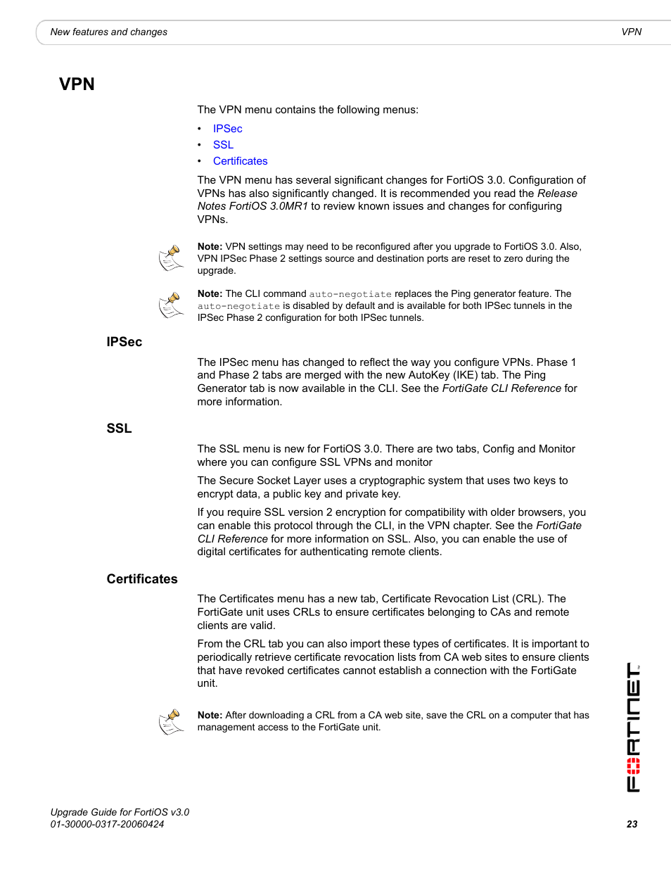 Ipsec, Certificates, Ipsec ssl certificates | Fortinet FortiOS 3.0 User Manual | Page 23 / 46