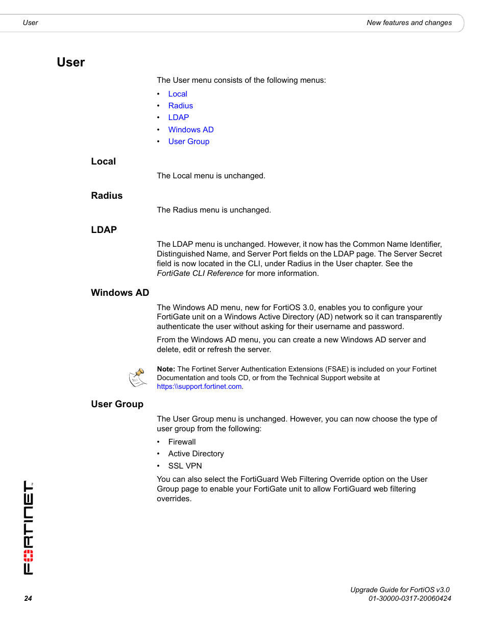 User, Local, Radius | Ldap, Windows ad, User group, Local radius ldap windows ad user group | Fortinet FortiOS 3.0 User Manual | Page 24 / 46