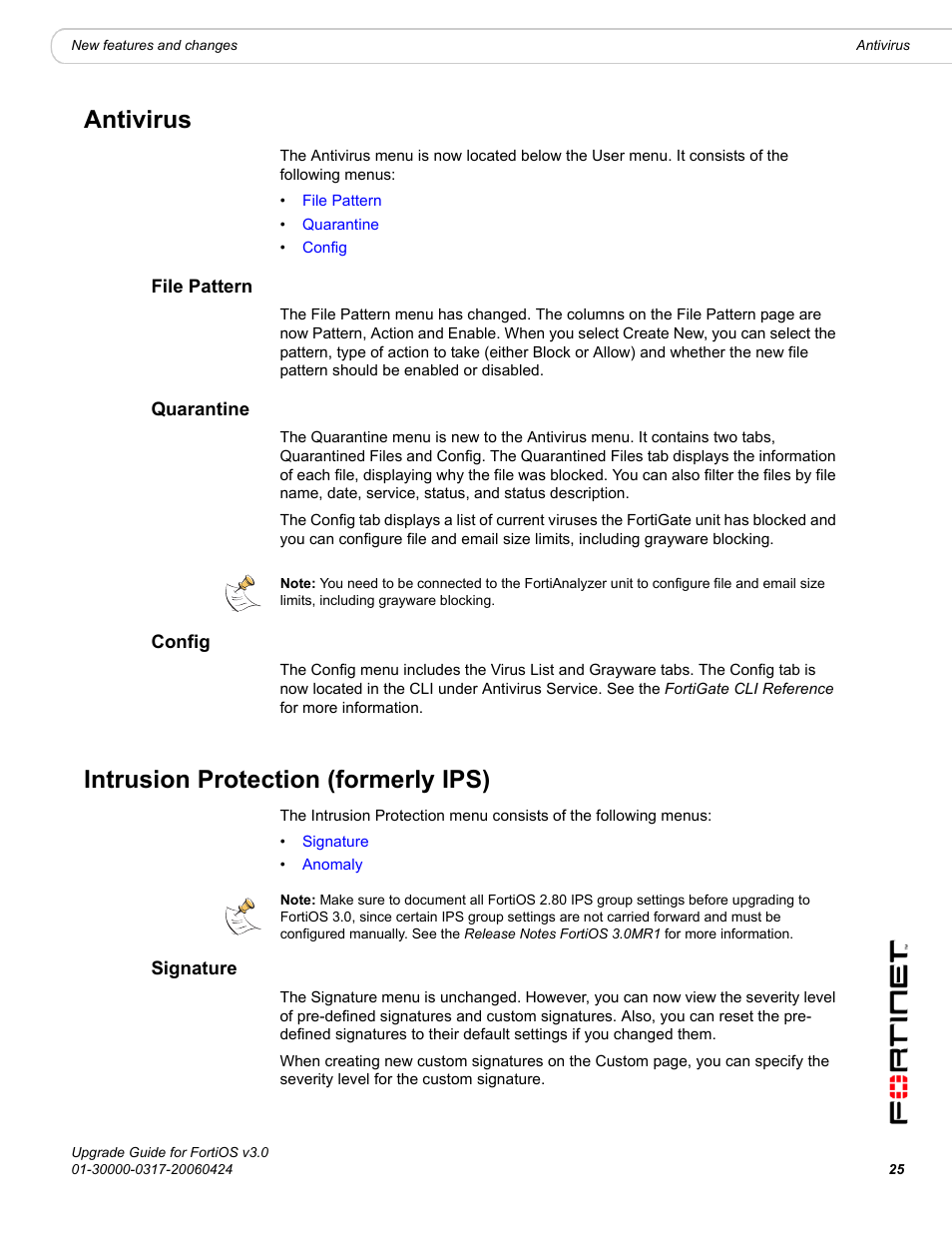 Antivirus, File pattern, Quarantine | Config, Intrusion protection (formerly ips), Signature, File pattern quarantine config | Fortinet FortiOS 3.0 User Manual | Page 25 / 46