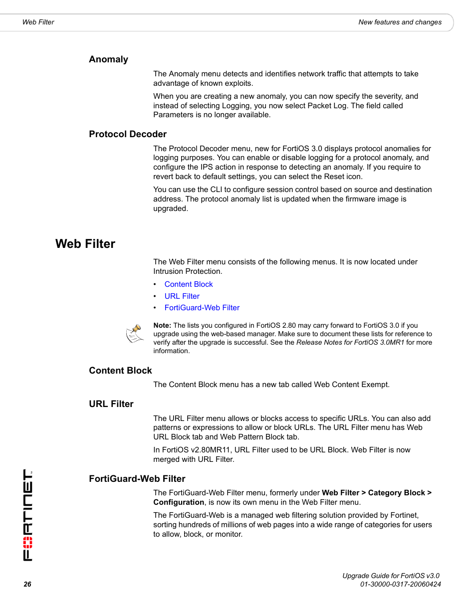 Anomaly, Protocol decoder, Web filter | Content block, Url filter, Fortiguard-web filter, Anomaly protocol decoder, Content block url filter fortiguard-web filter | Fortinet FortiOS 3.0 User Manual | Page 26 / 46