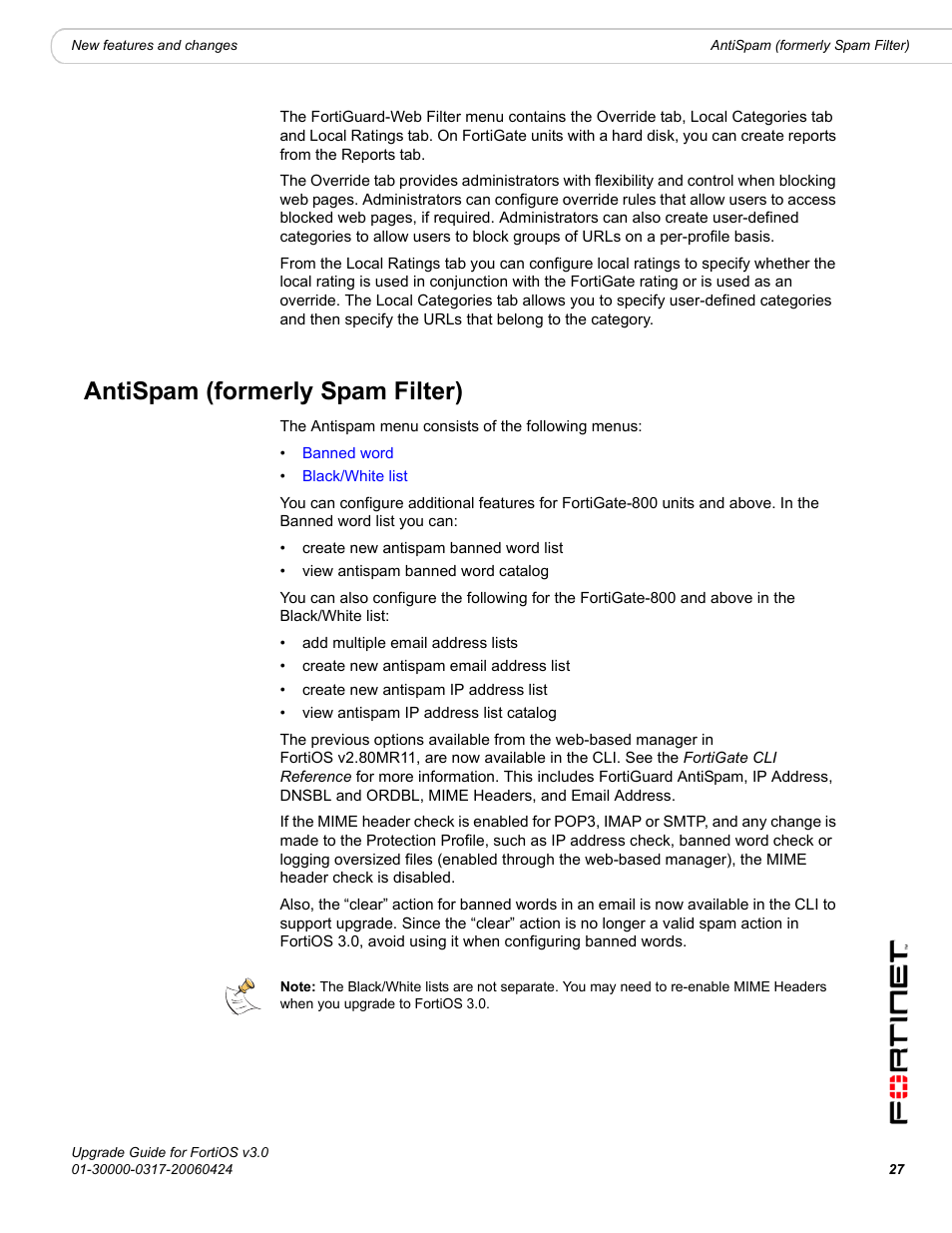 Antispam (formerly spam filter) | Fortinet FortiOS 3.0 User Manual | Page 27 / 46