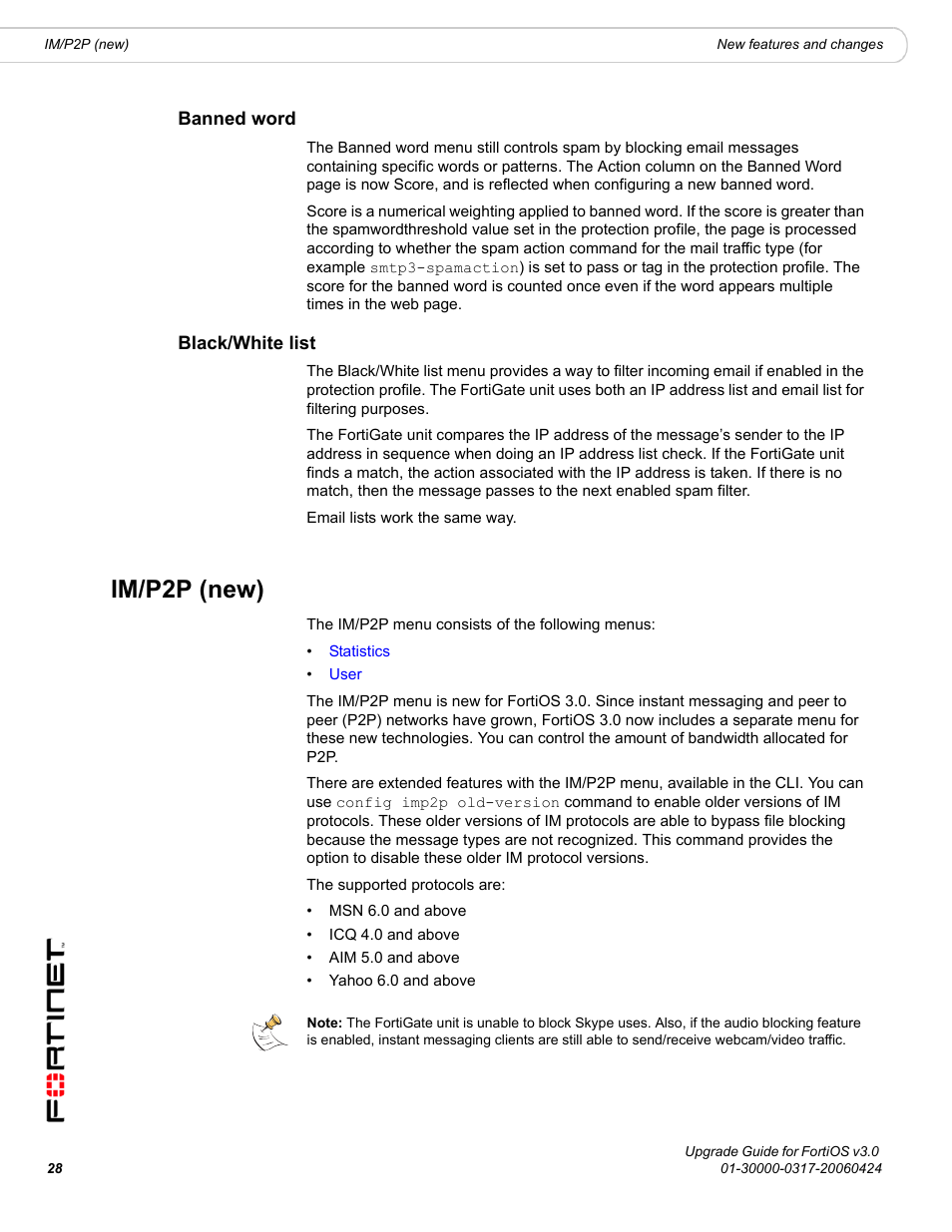 Banned word, Black/white list, Im/p2p (new) | Banned word black/white list | Fortinet FortiOS 3.0 User Manual | Page 28 / 46