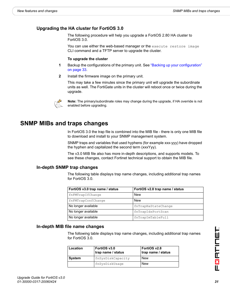 Upgrading the ha cluster for fortios 3.0, Snmp mibs and traps changes, In-depth snmp trap changes | In-depth mib file name changes | Fortinet FortiOS 3.0 User Manual | Page 31 / 46