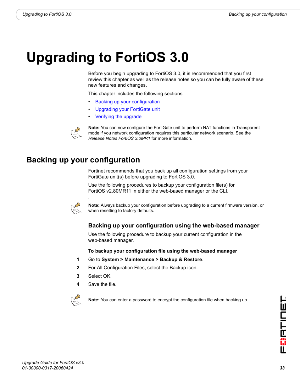 Upgrading to fortios 3.0, Backing up your configuration | Fortinet FortiOS 3.0 User Manual | Page 33 / 46