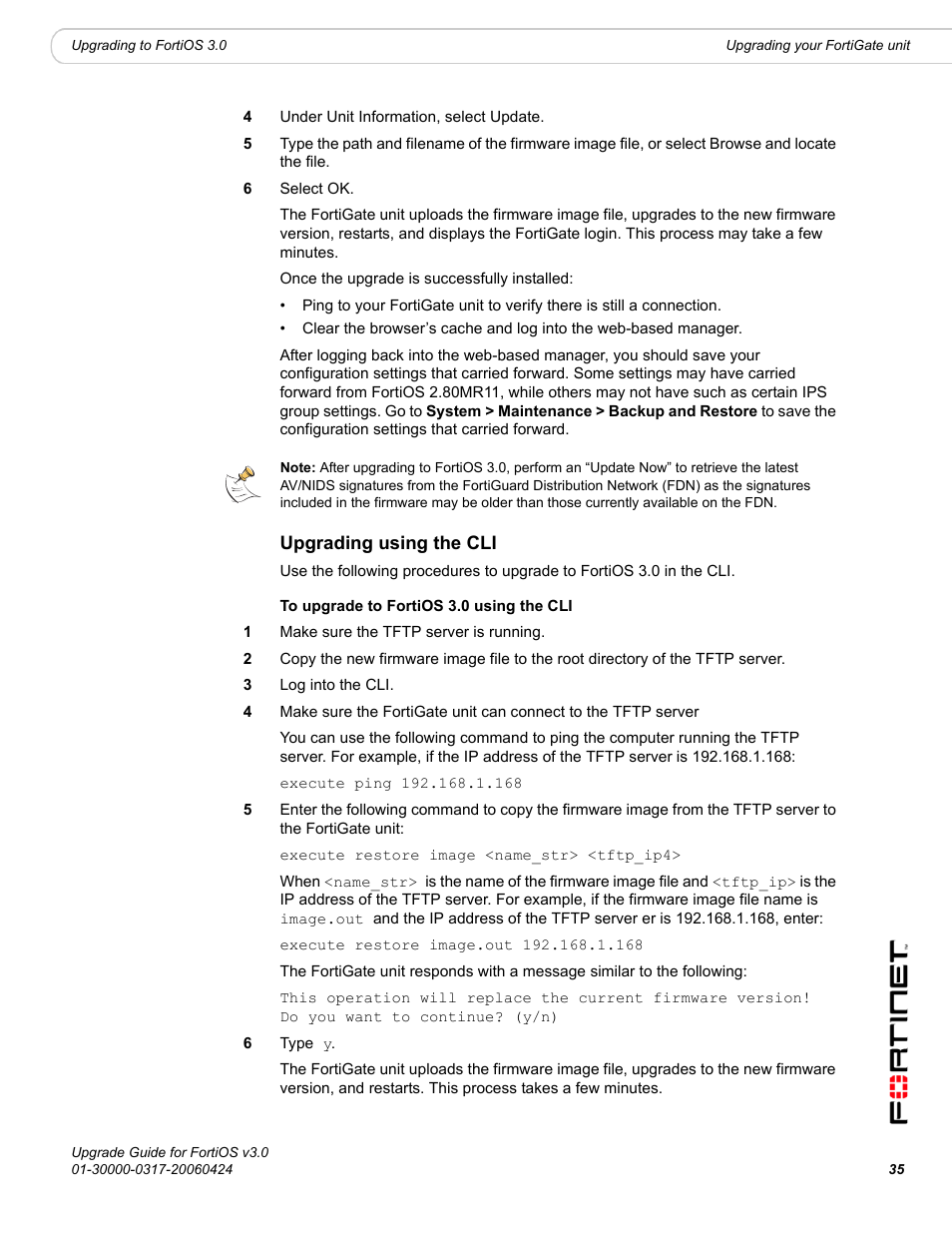 Upgrading using the cli | Fortinet FortiOS 3.0 User Manual | Page 35 / 46