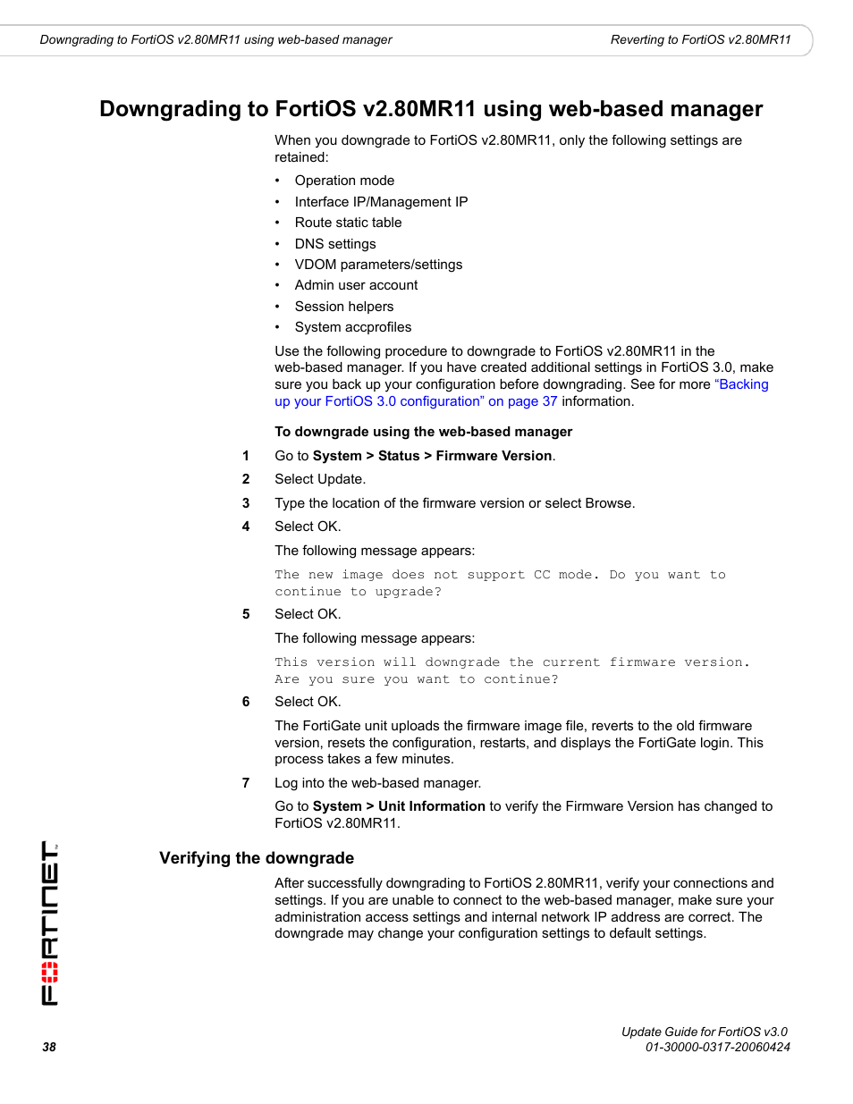 Verifying the downgrade | Fortinet FortiOS 3.0 User Manual | Page 38 / 46